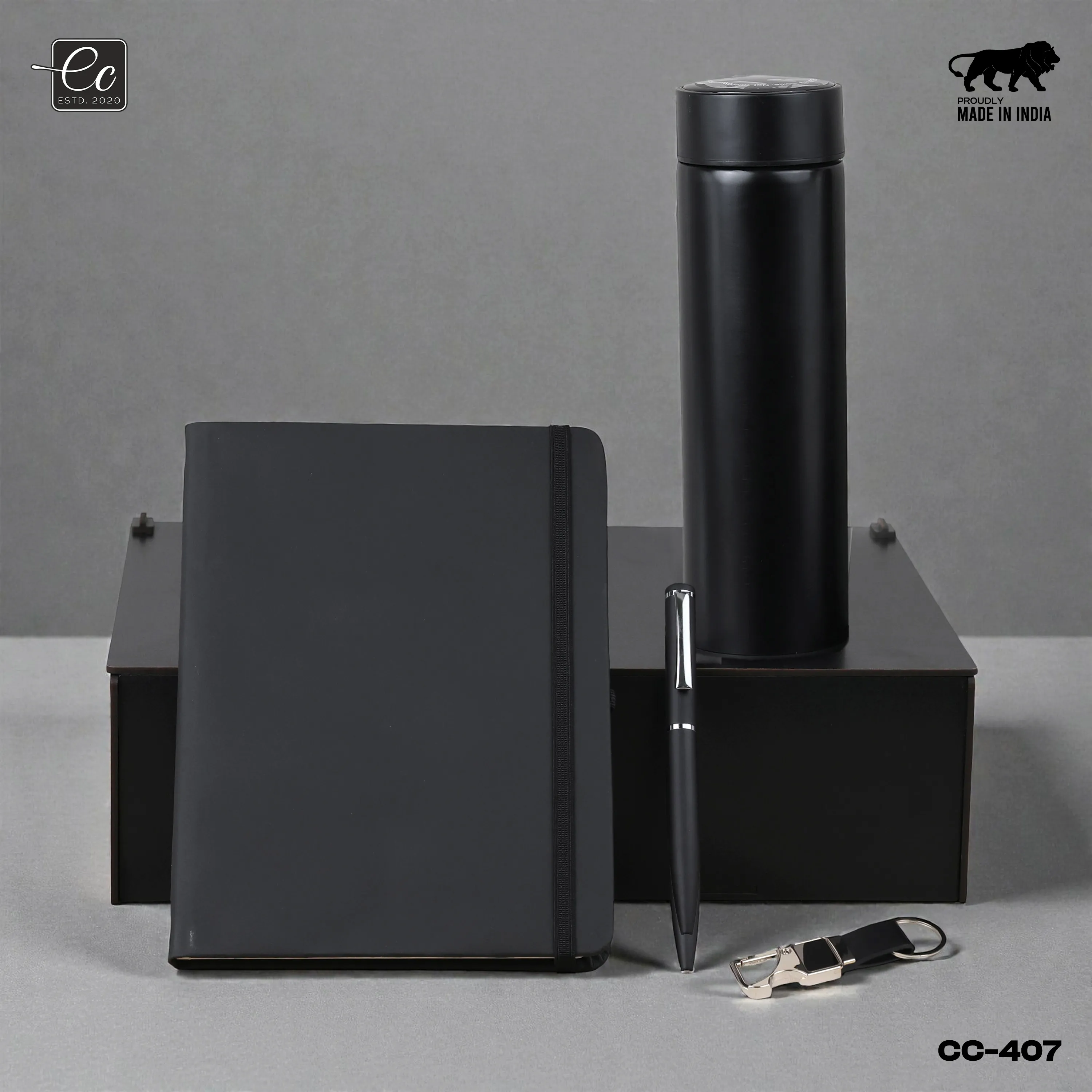 4 in 1 Corporate Gift Set includes Personalized Diary, Pen, Keychain & Temperature Bottle